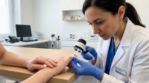 Dermatologista examinando a unha do polegar de uma paciente com um dermatoscópio em um consultório médico moderno.