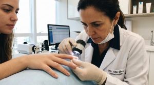Dermatologista examinando cuidadosamente as unhas de uma paciente com dermatoscópio ungueal em consultório médico.