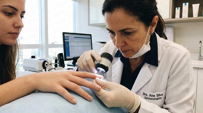 Dermatologista examinando cuidadosamente as unhas de uma paciente com dermatoscópio ungueal em consultório médico.