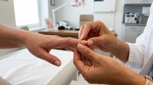 Dermatologista examinando as unhas rosadas de uma paciente em close-up, com foco em uma sutil mancha branca (leuconíquia).