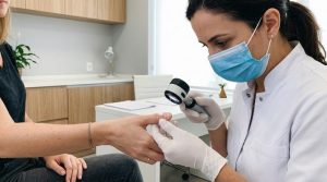 Dermatologista de luvas brancas examinando com lupa médica a unha da mão de uma paciente em consultório moderno, que apresenta sulcos e mancha esbranquiçada.
