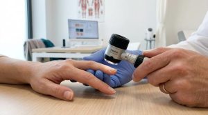 Mão de dermatologista examinando detalhadamente unha de paciente com dermatoscópio em um consultório, focando em alteração sutil.