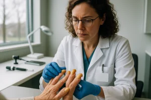 Dermatologista examinando de perto as unhas amareladas e curvadas de uma paciente em consultório moderno, com luvas azuis e jaleco branco, sob luz natural difusa