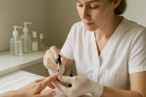 Profissional de estética com luvas aplicando base protetora nas unhas naturais de uma cliente em ambiente limpo e clínico