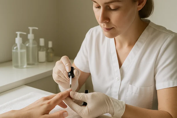 Profissional de estética com luvas aplicando base protetora nas unhas naturais de uma cliente em ambiente limpo e clínico