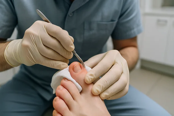 Podólogo com luvas cirúrgicas realizando procedimento em dedo do pé com unha encravada, usando instrumentos estéreis em consultório limpo e bem iluminado