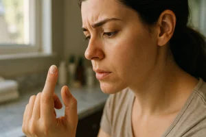 Mulher jovem em close-up examinando a unha parcialmente descolada do dedo indicador com expressão preocupada em banheiro iluminado pela luz natural.