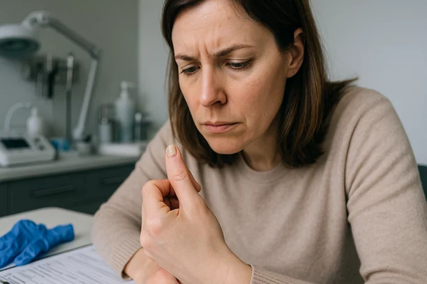 Mulher observa cuidadosamente unha do polegar parcialmente descolada em consultório dermatológico com instrumentos médicos ao fundo