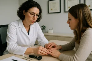 Dermatologista examinando atentamente as unhas alteradas de uma paciente em consultório moderno com diplomas ao fundo