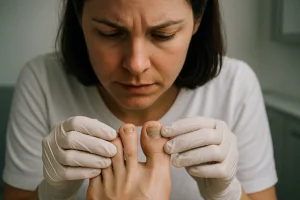 Profissional com luvas examinando unhas dos pés com sinais de infecção fúngica em ambiente clínico