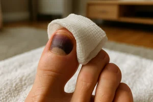 Close-up de um dedo do pé com unha arroxeada e inchada, com compressa fria envolta em gaze, repousando sobre uma toalha branca em ambiente doméstico desfocado