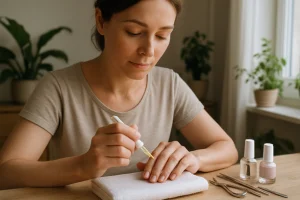 Mulher adulta cuidando das unhas com óleo fortalecedor em uma sala iluminada com plantas ao fundo e utensílios de manicure organizados