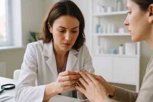 Dermatologista examina detalhadamente as unhas descoloridas de uma paciente em consultório moderno e bem iluminado