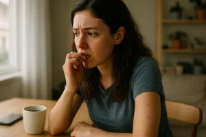 Mulher jovem roendo as unhas com expressão preocupada, sentada à mesa em ambiente doméstico iluminado pela luz suave da manhã