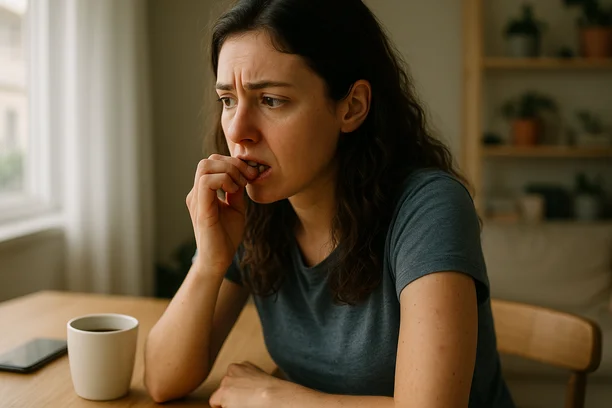 Mulher jovem roendo as unhas com expressão preocupada, sentada à mesa em ambiente doméstico iluminado pela luz suave da manhã