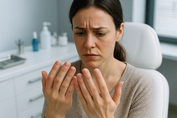 Mulher com expressão preocupada observa atentamente suas mãos em consultório dermatológico moderno, com unhas em formato côncavo em destaque