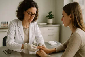 Dermatologista examinando as unhas de uma paciente em consultório moderno e bem iluminado, com instrumentos e materiais organizados ao fundo