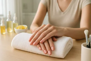 Mãos femininas bem cuidadas repousam sobre uma toalha branca em mesa de madeira clara, com unhas rosadas e frascos de óleos naturais ao fundo em um ambiente de spa iluminado pela luz da manhã.