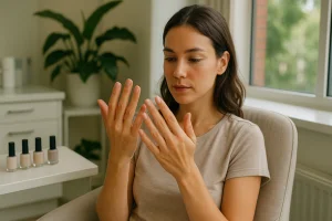 Mulher jovem inspeciona cuidadosamente suas unhas em frente a uma janela iluminada em consultório dermatológico moderno, sentada em uma poltrona elegante com frascos de esmalte e plantas ao fundo.