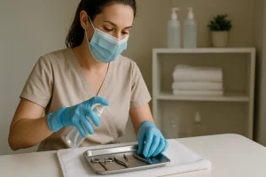 Manicure com máscara e luvas esteriliza instrumentos metálicos sobre bandeja de inox em sala estética iluminada e limpa