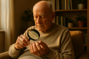 Idoso sentado em casa iluminada pela luz do fim de tarde, usando uma lupa para examinar suas unhas espessas e amareladas com expressão serena