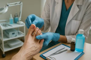 Close-up de um pé com unha encravada sendo examinado por um profissional de saúde em consultório médico.