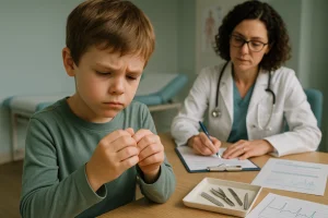 Criança examinando suas unhas com cuidado em um consultório médico, com instrumentos de manicure e documentos visíveis ao fundo.