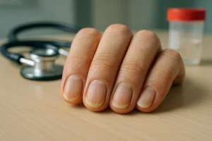 Close-up de unhas de uma mão humana, mostrando detalhes de coloração e textura sobre uma mesa de consultas médicas.