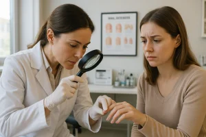 Dermatologista examinando a unha de uma paciente com lupa em consultório médico moderno.