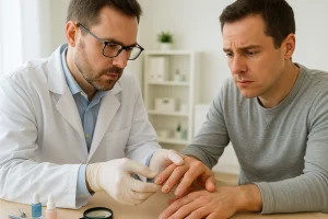 Unhas danificadas sendo examinadas por um profissional de saúde em um consultório médico bem iluminado.