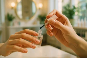 Mãos de uma pessoa aplicando esmalte de brilho em um salão de beleza iluminado, com produtos de beleza ao fundo.
