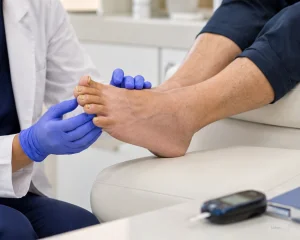 Dermatologista avaliando unhas dos pés de paciente diabético durante consulta em São Paulo