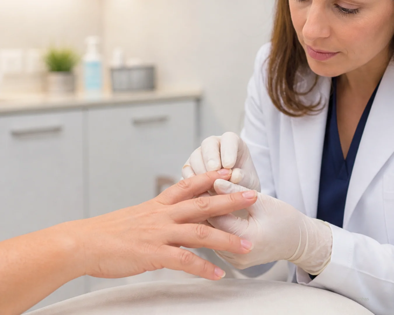 Dermatologista avaliando unha descolando durante consulta sobre unha caindo sozinha