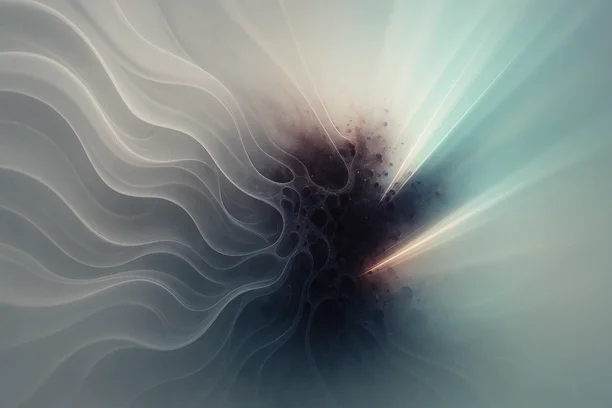 Composição abstrata de formas orgânicas translúcidas e opacas em tons de pérola, azul e verde, com filamentos de luz, simbolizando uma anomalia emergente e a busca por clareza.
