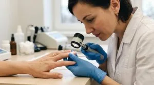 Médica especialista com luvas examinando a unha de um paciente com lupa em close-up.