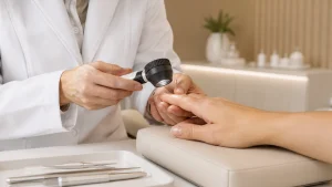 Dermatologista realiza avaliação das unhas com instrumento de ampliação em consulta especializada em São Paulo.