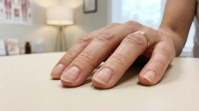 Mão feminina adulta com unhas ásperas, opacas e estriadas em close-up, em consultório dermatológico.