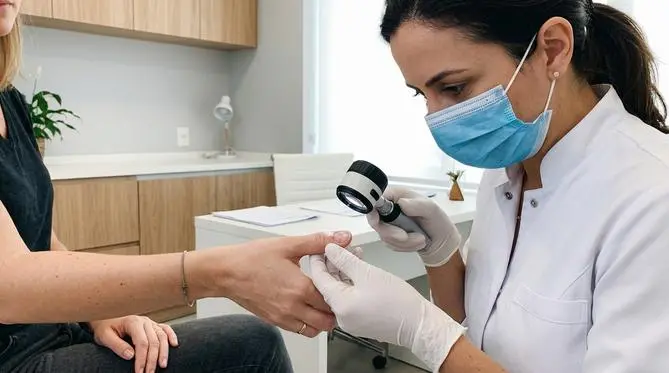 Dermatologista de luvas brancas examinando com lupa médica a unha da mão de uma paciente em consultório moderno, que apresenta sulcos e mancha esbranquiçada.